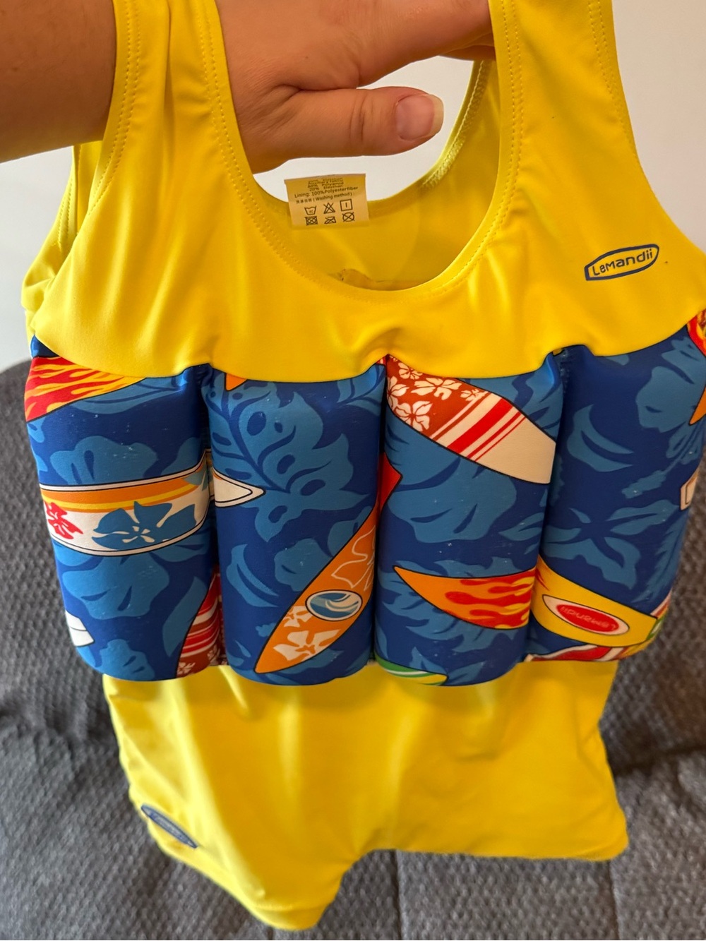 Kids' Yellow One-Piece Swim suit with Blue Surf Print floaties built in